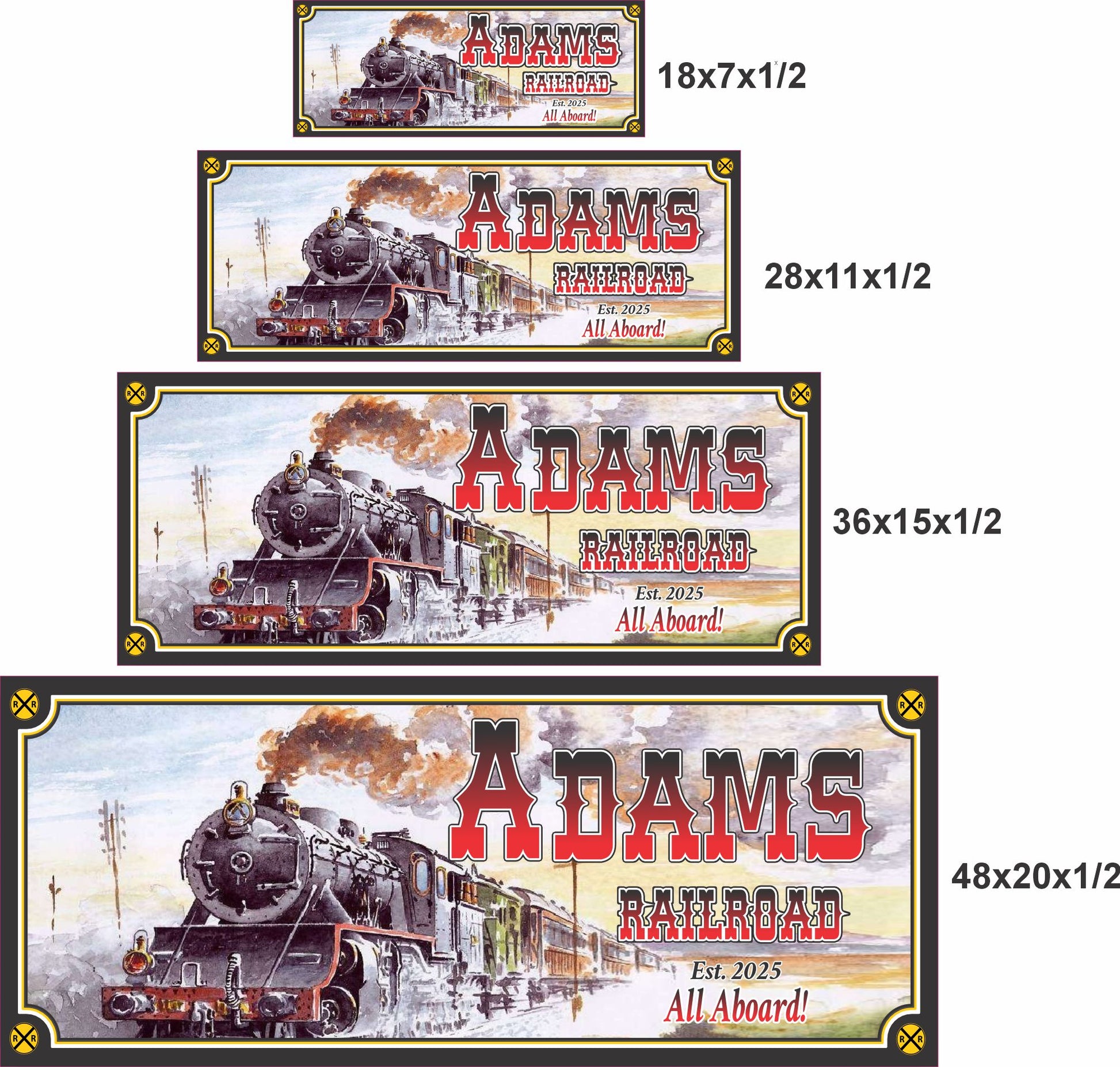Vintage railroad sign shown in four sizes with labeled dimensions