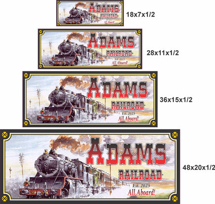 Vintage railroad sign shown in four sizes with labeled dimensions