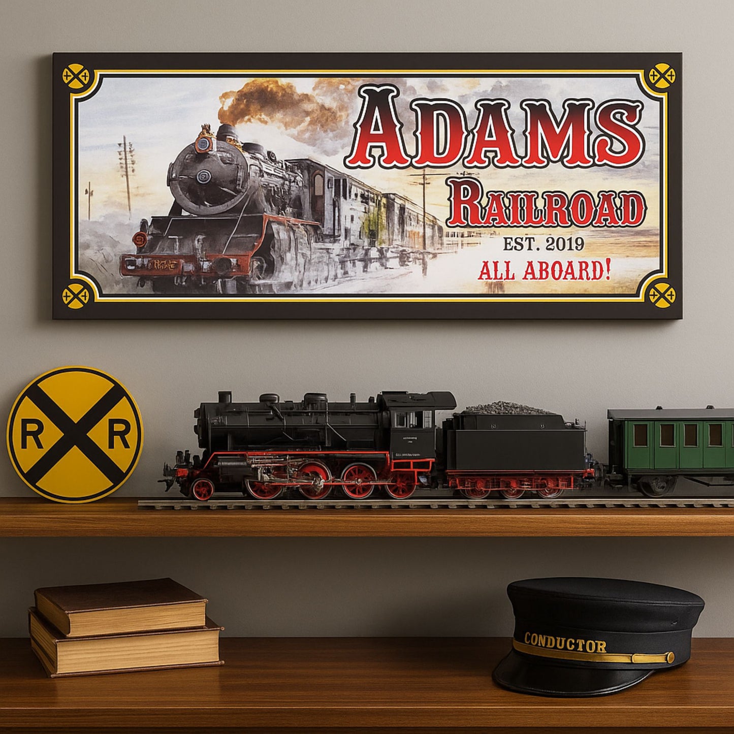 Vintage railroad sign displayed on a shelf with toy train decor