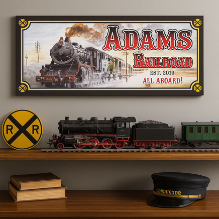 Vintage railroad sign displayed on a shelf with toy train decor