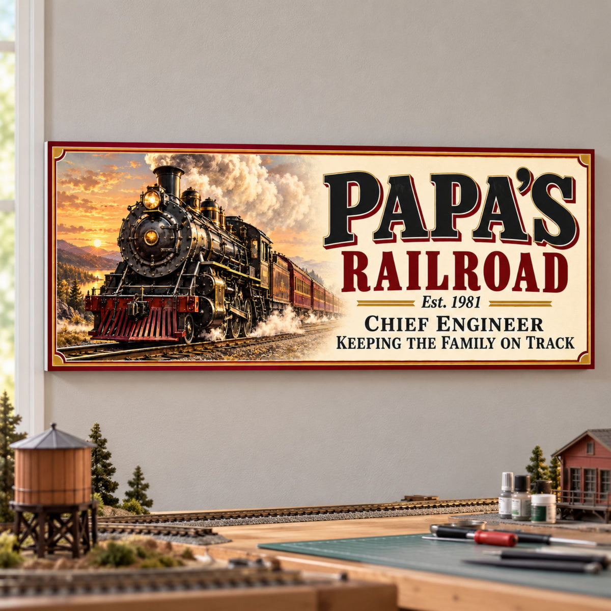 Personalized steam train sign mounted above a model railway workbench with miniature buildings, tracks, and tools.
