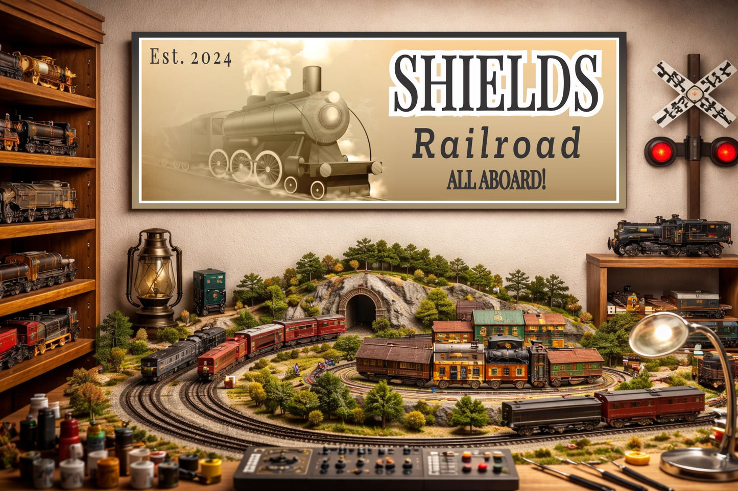 Personalized vintage-style railroad sign hanging above a model train layout in a dedicated train room, with detailed tracks, locomotives, scenery, and railroad decor.