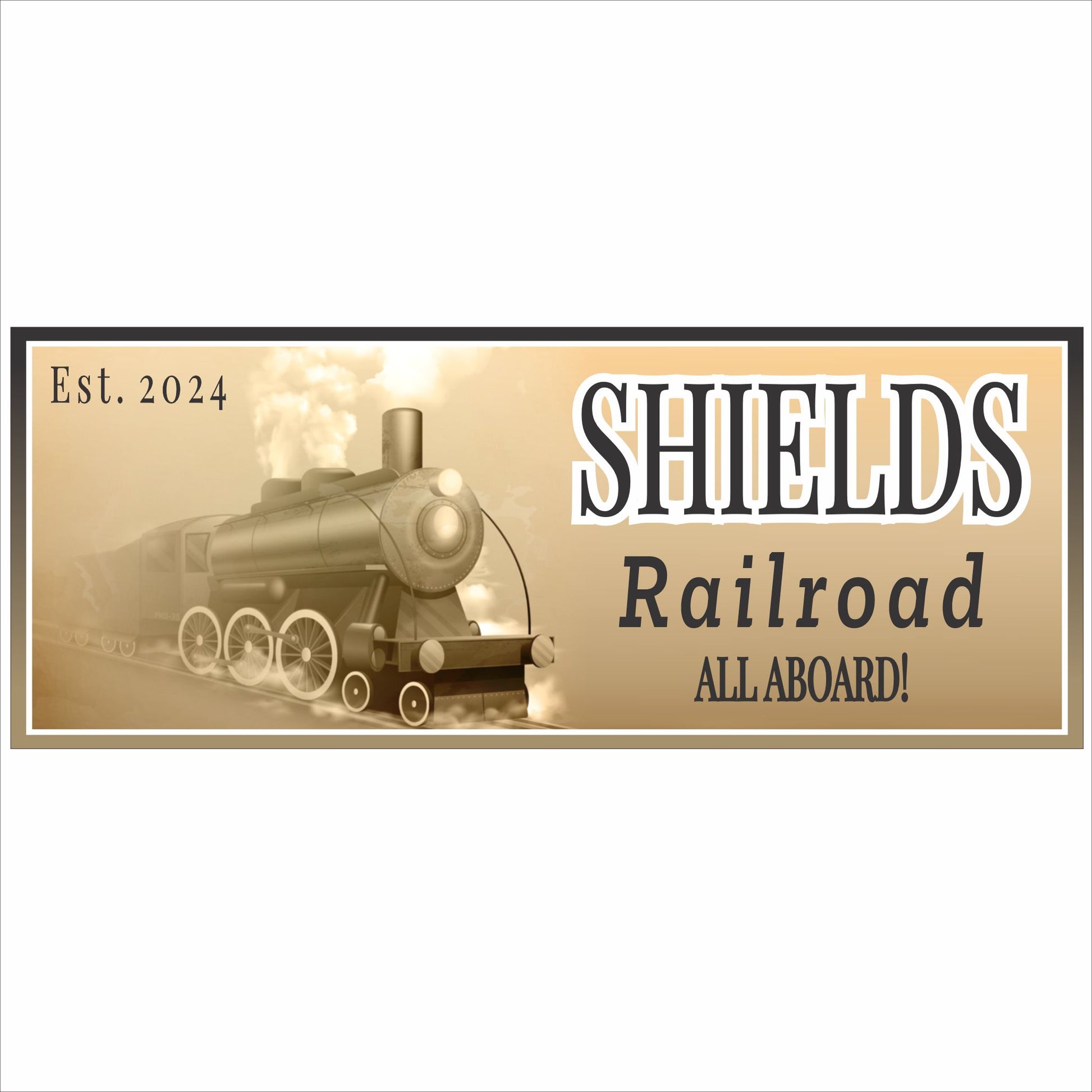 personalized vintage railroad sign with classic steam train and “All Aboard” text