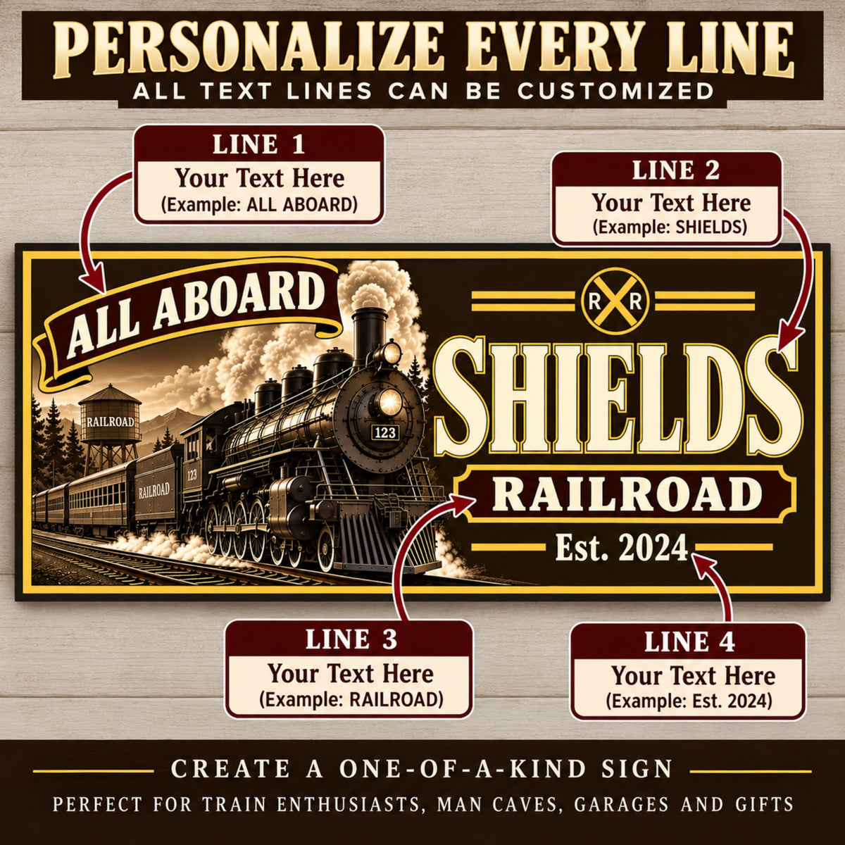 Personalized Railroad Sign – Custom Family Name Train Room Decor