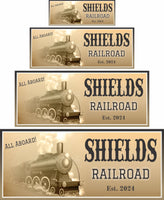 Antique train wall sign shown in multiple sizes for easy comparison and scale reference