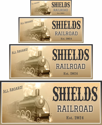 Antique train wall sign shown in multiple sizes for easy comparison and scale reference