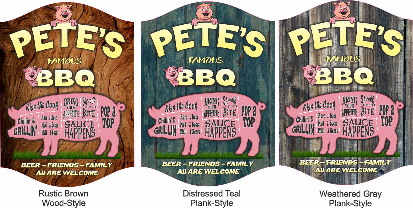 three personalized bbq pig signs displayed side by side showing background options in rustic brown, distressed teal, and weathered gray plank styles