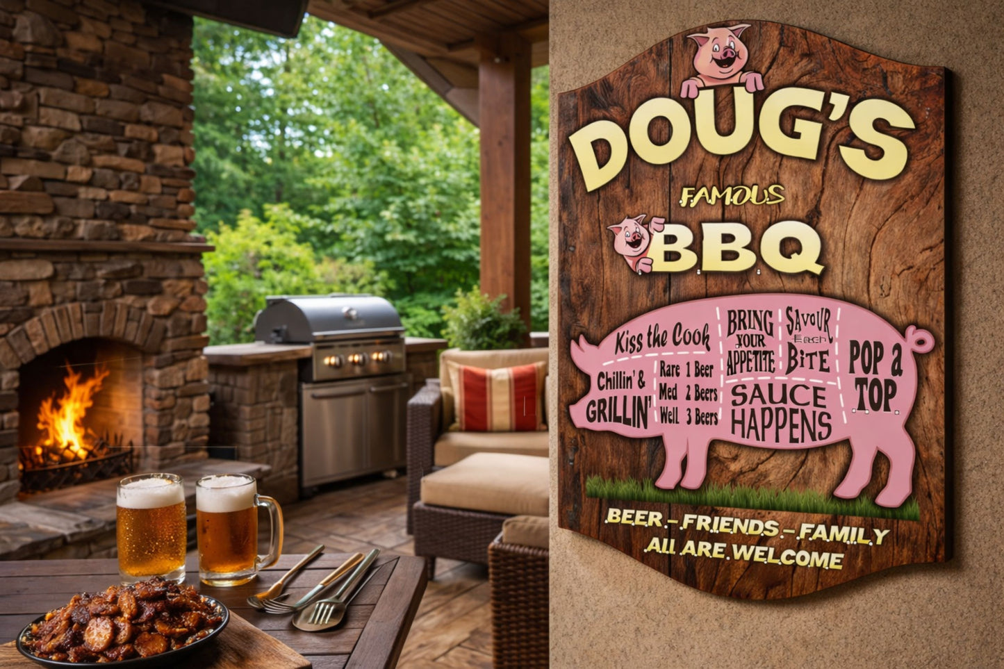 personalized bbq pig sign hanging on outdoor patio wall near grill, fireplace, and table with beer and barbecue