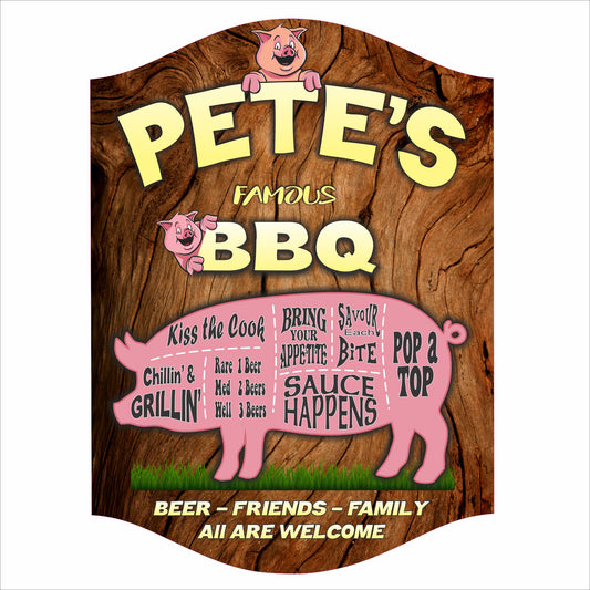 personalized bbq pig sign with grilling sayings on rustic brown wood-style printed background