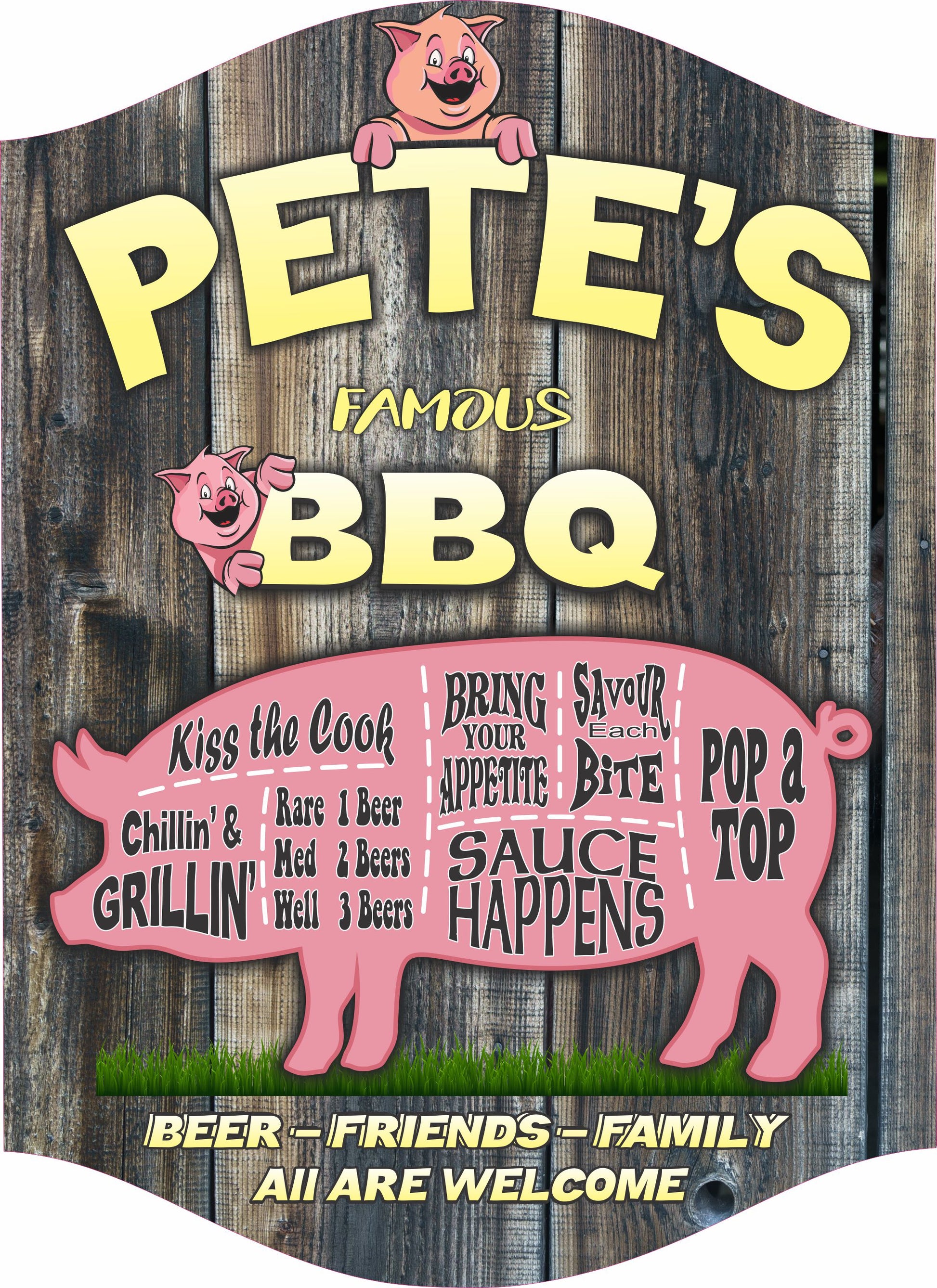 personalized bbq pig sign with grilling sayings on weathered gray plank-style printed background
