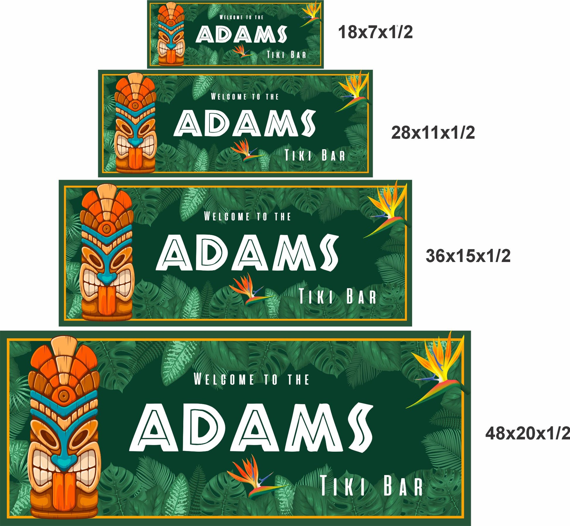 Tiki bar sign shown in four available sizes with labeled dimensions