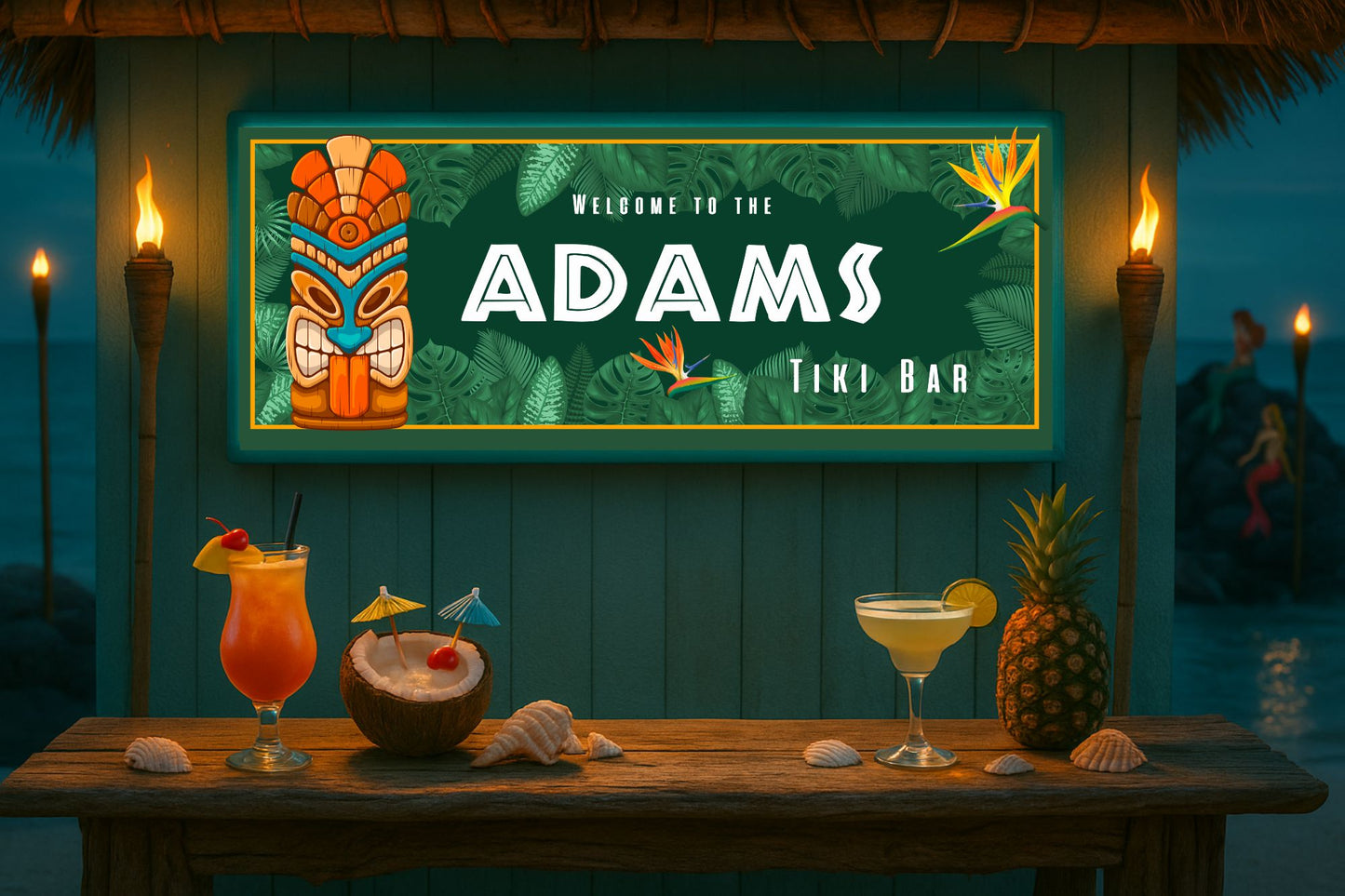 Tiki bar sign hanging above a bar counter with drinks and tropical decor