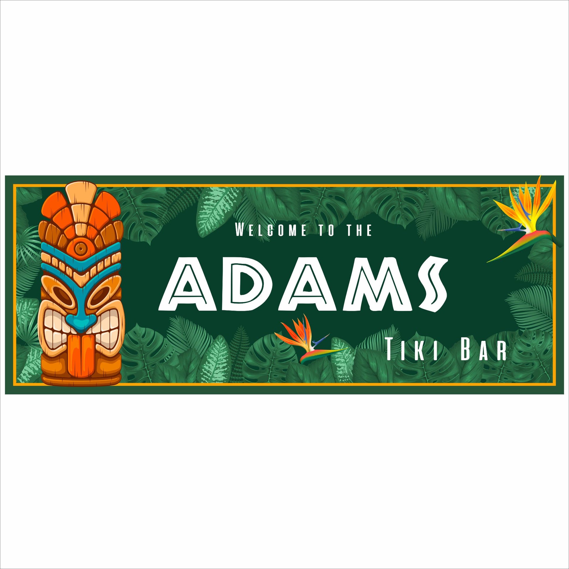 Personalized tiki bar sign with tiki statue and tropical palm leaves, customizable bar name