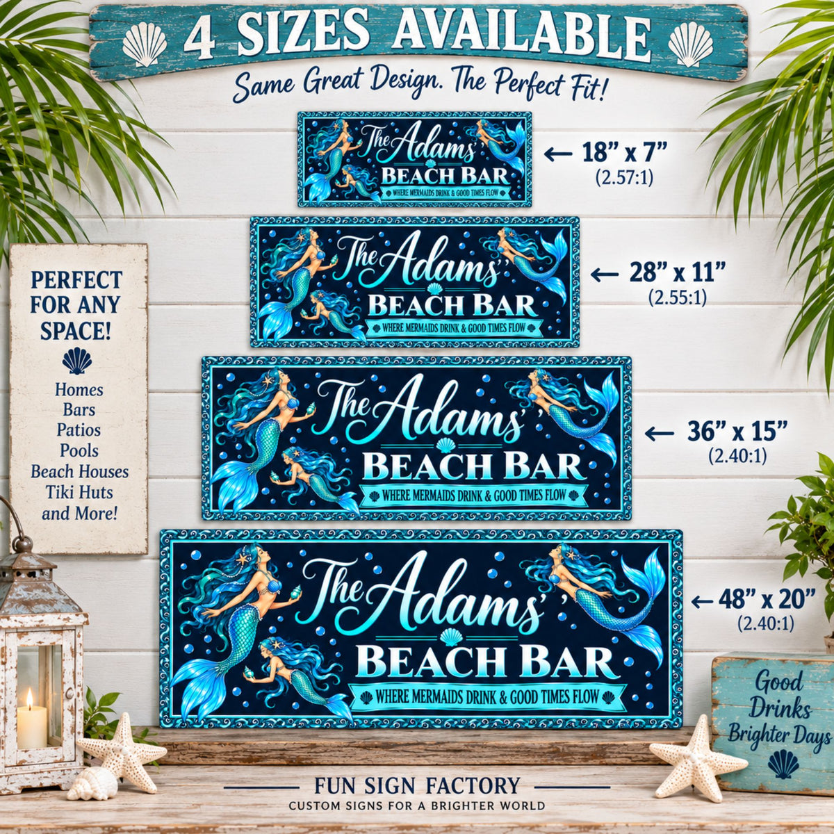 Personalized mermaid beach bar sign shown in four sizes: 18×7, 28×11, 36×15 and 48×20.