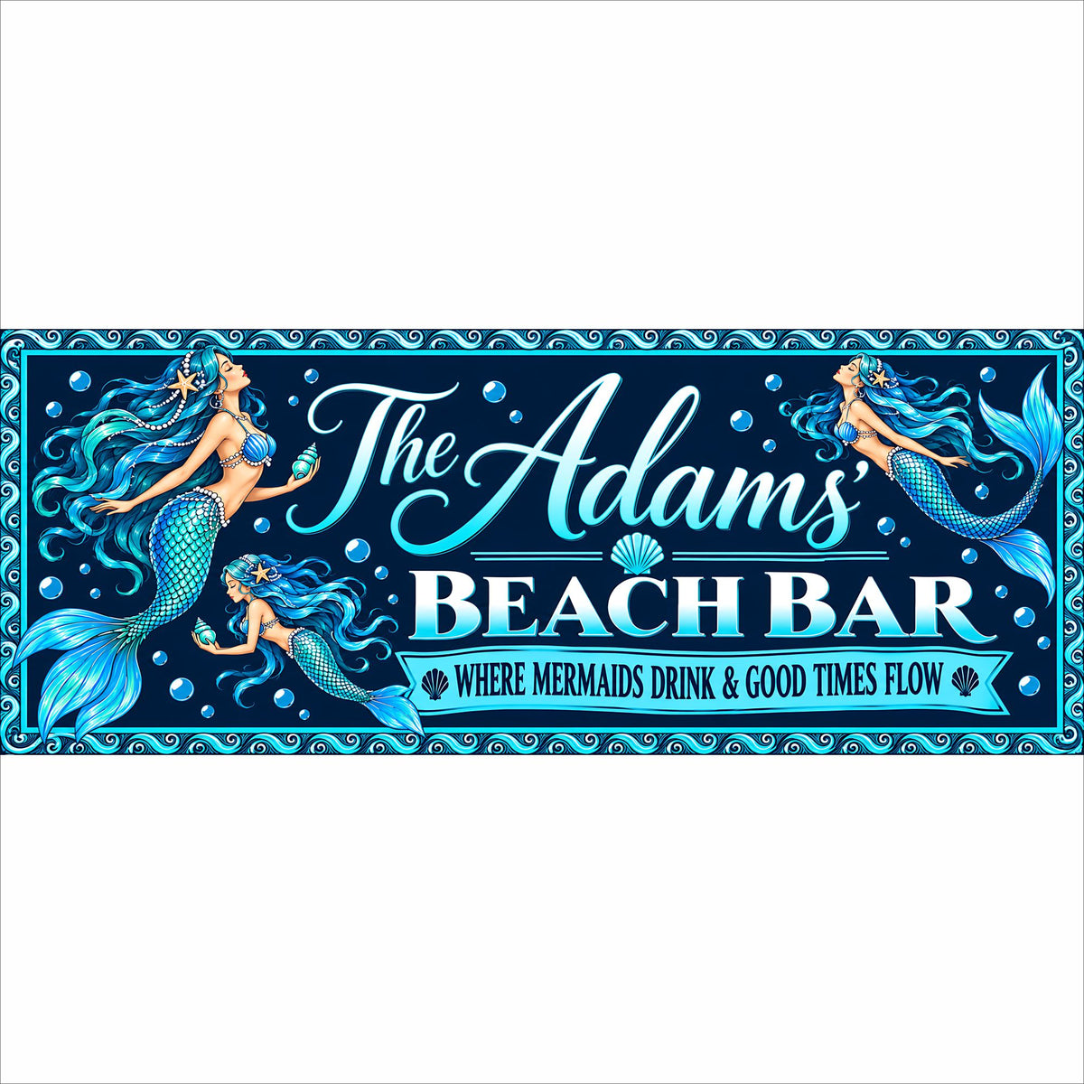 Personalized mermaid beach bar sign with custom family name, three blue mermaids and coastal ocean design.