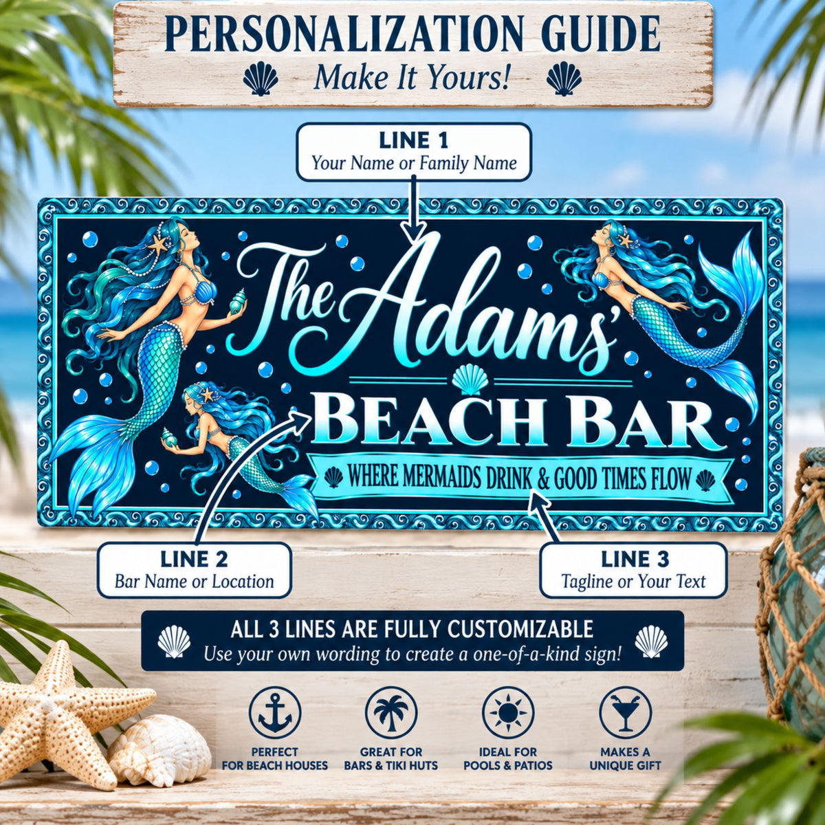 Mermaid beach bar sign personalization guide showing three customizable text lines for name, bar name and tagline.