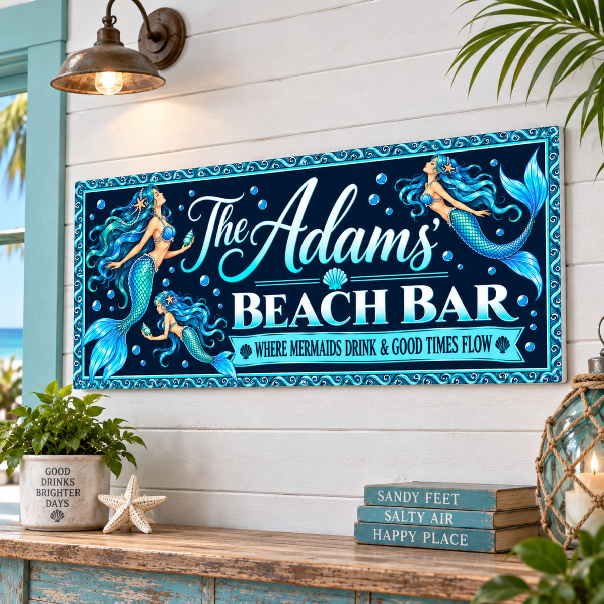 Custom mermaid beach bar sign displayed on a bright coastal wall above beach-themed decor.