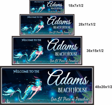 mermaid beach house sign shown in four available sizes for easy size comparison