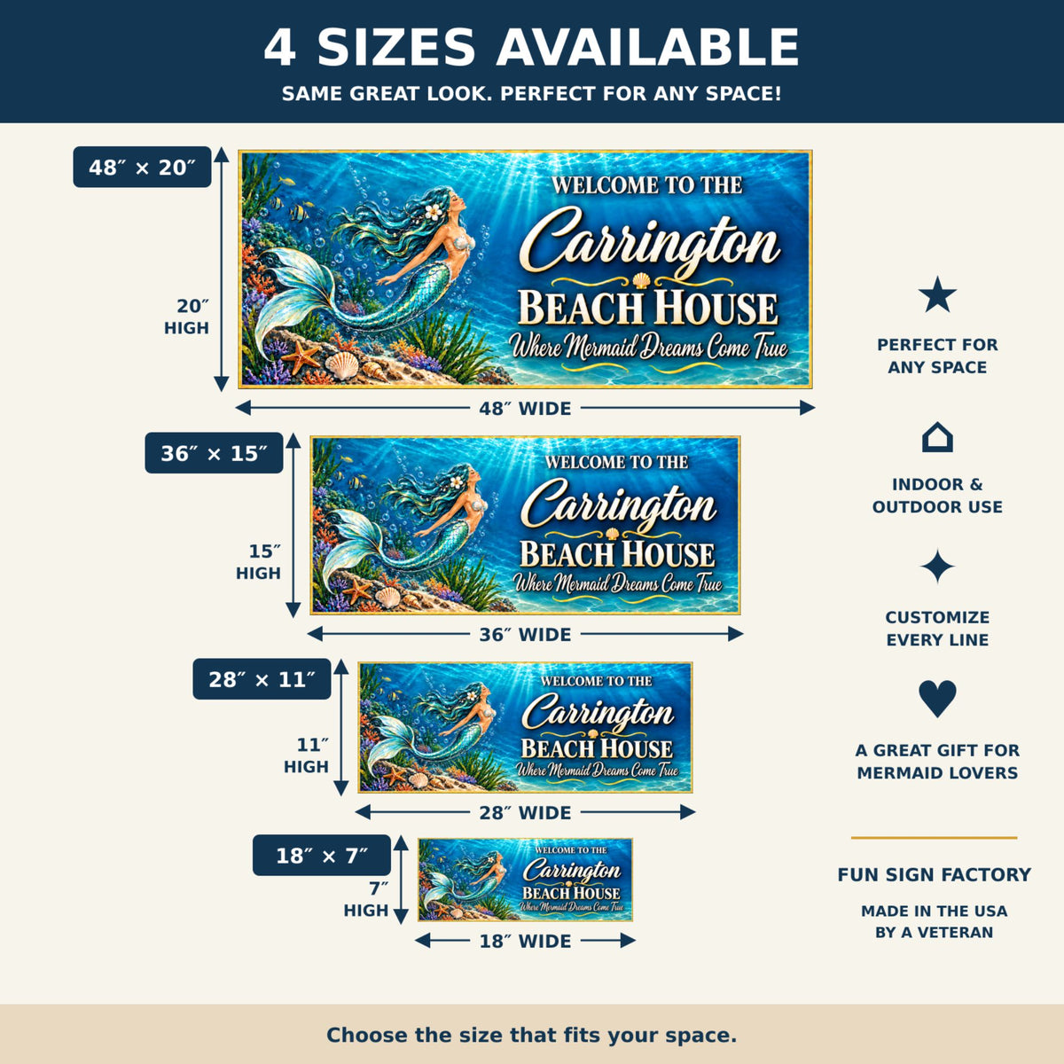 Mermaid beach house sign size guide comparing 48×20, 36×15, 28×11, and 18×7 inches with width and height arrows.