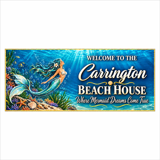 Personalized mermaid beach house sign with turquoise underwater artwork, coral, seashells, ivory lettering, and a thin gold border.