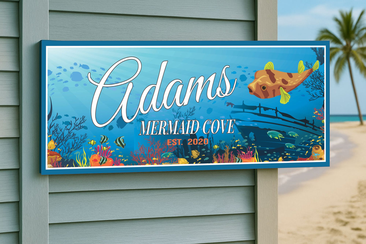 Personalized beach house sign displayed on an exterior wall, showing how it looks when mounted outside