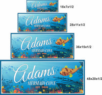 Beach house sign shown in four size options labeled 18x7, 28x11, 36x15, and 48x20 inches