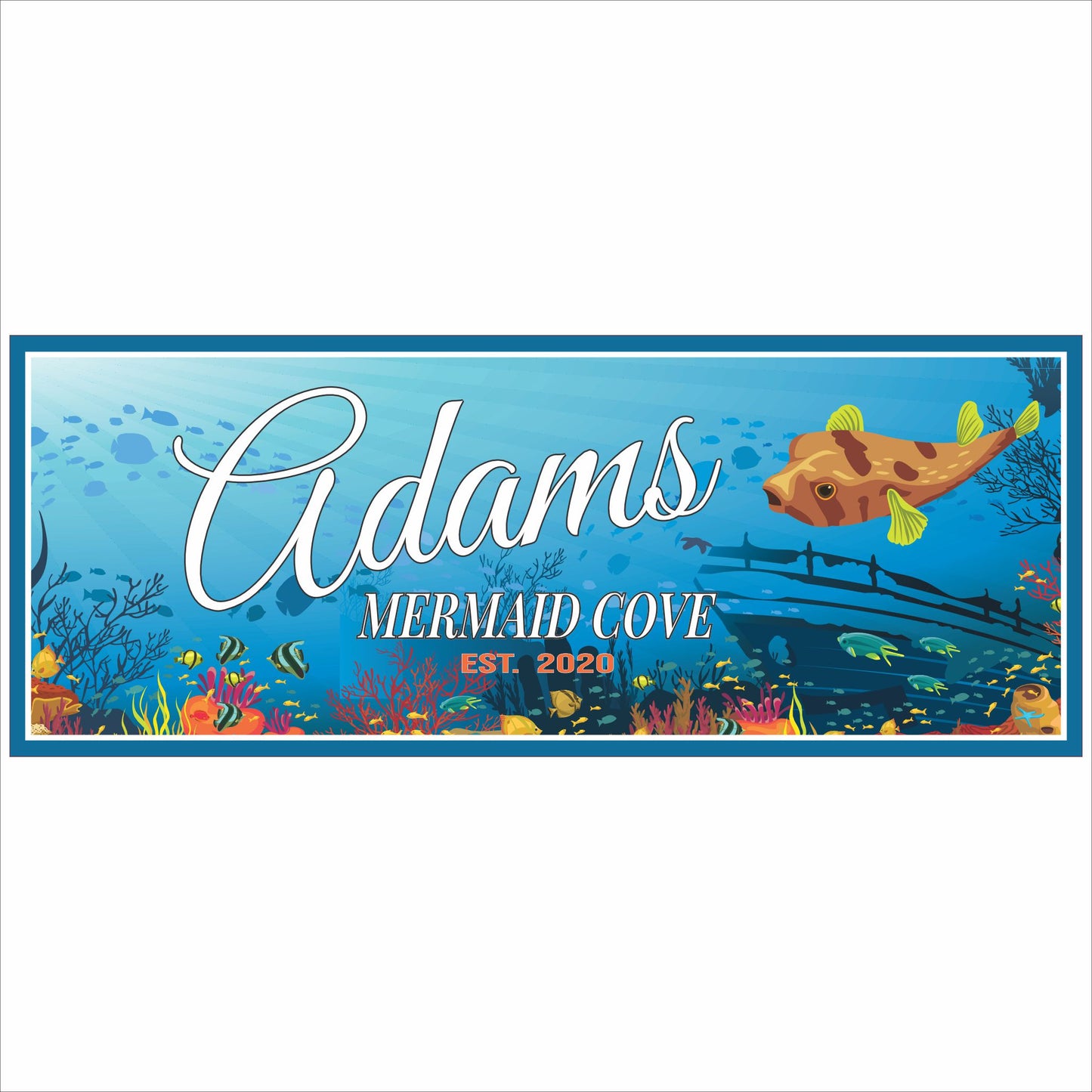 Personalized ocean theme beach house sign with fish, coral reef, and custom family name