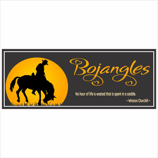 Personalized horse name sign with cowboy silhouette and sunset background — custom PVC wall sign for barn or stable