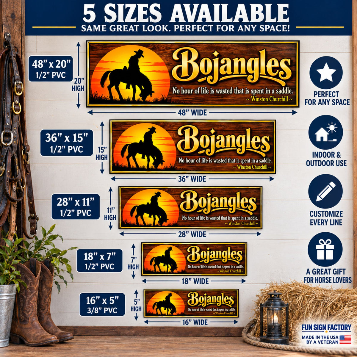Personalized horse sign size guide showing 16x5, 18x7, 28x11, 36x15 and 48x20 size options
