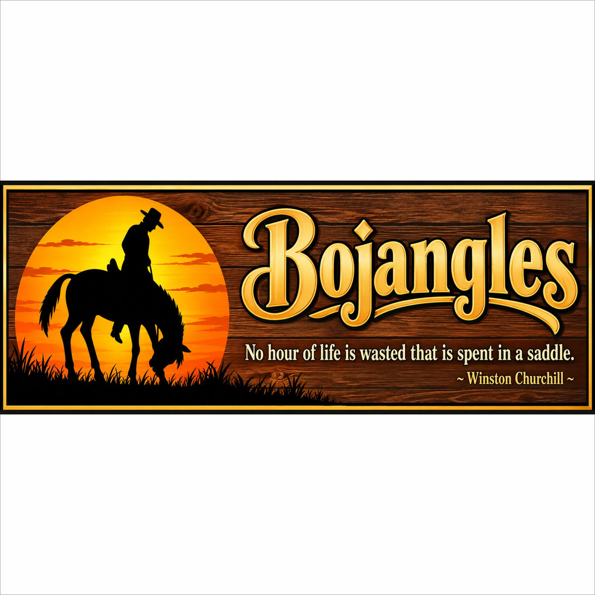 Personalized horse stall sign with cowboy and horse silhouette, sunset background and rustic wood Western design