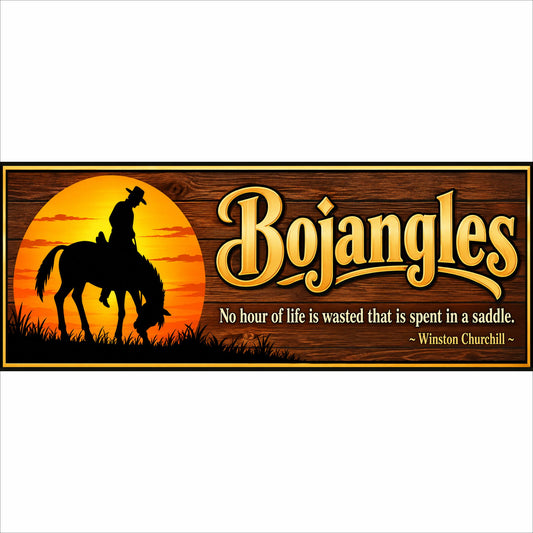 Personalized horse stall sign with cowboy and horse silhouette, sunset background and rustic wood Western design