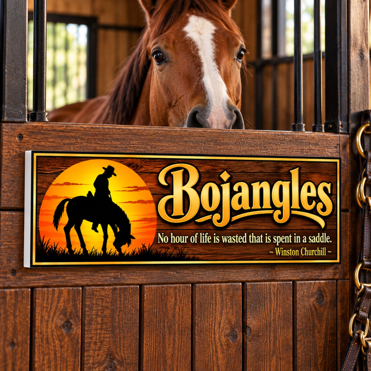 Custom horse stall sign displayed on a wooden stall door with horse above and white rigid PVC edge visible