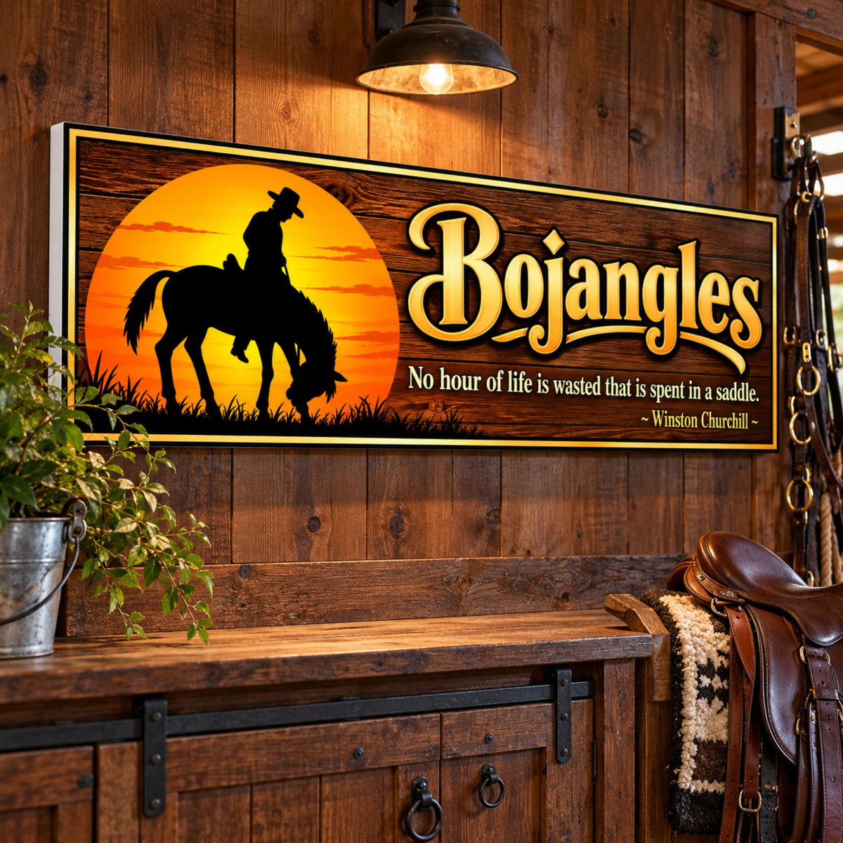 Large personalized horse sign displayed on a rustic tack room wall with saddle and equestrian decor