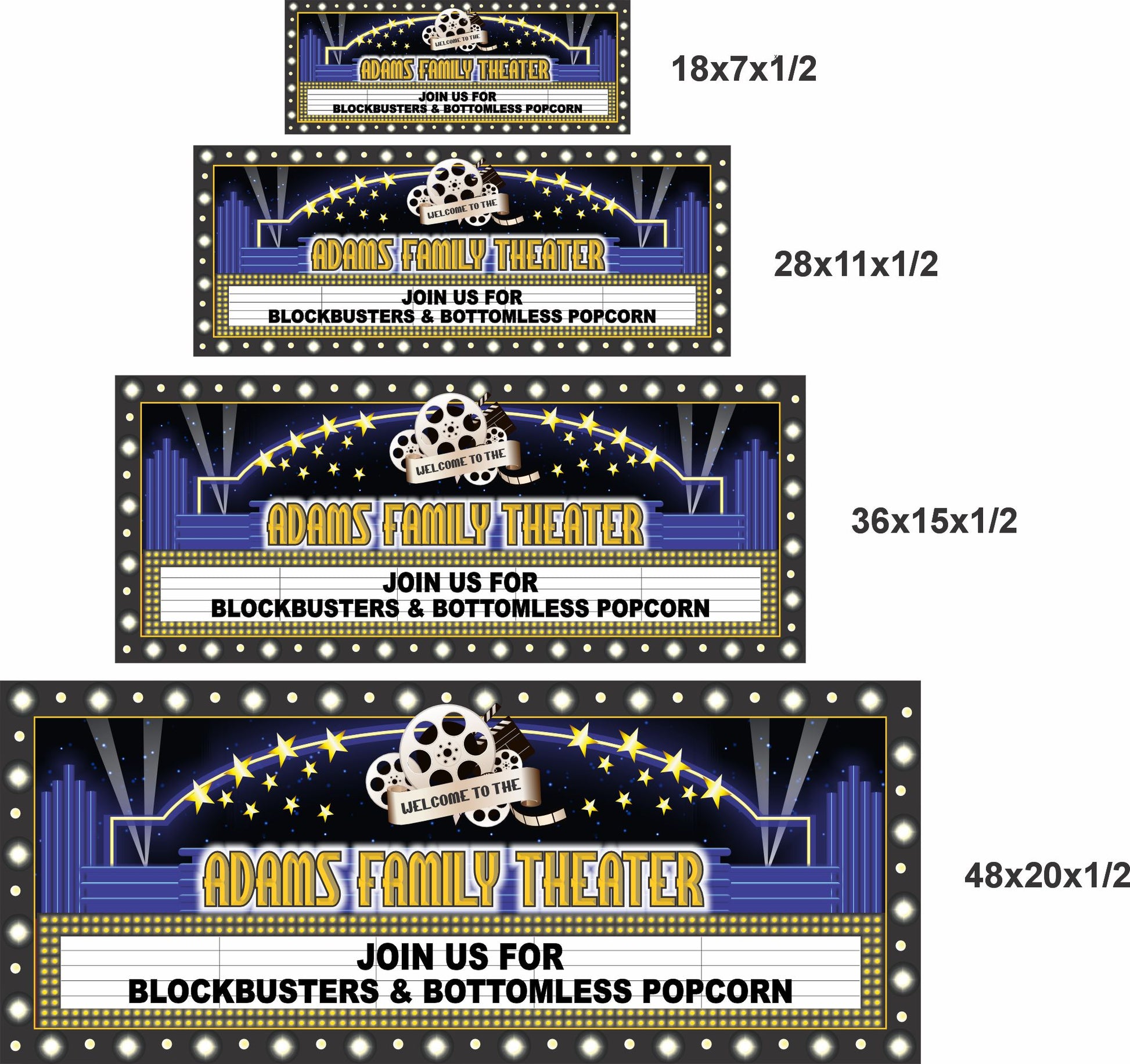 theater marquee wall sign shown in four sizes side by side for scale comparison