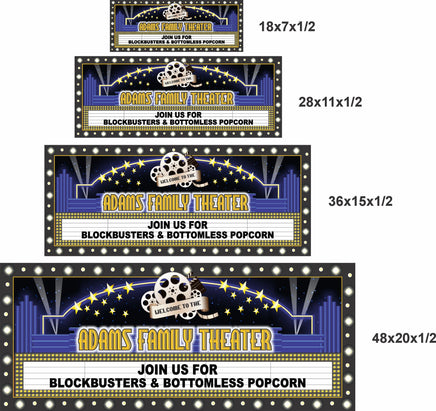 theater marquee wall sign shown in four sizes side by side for scale comparison