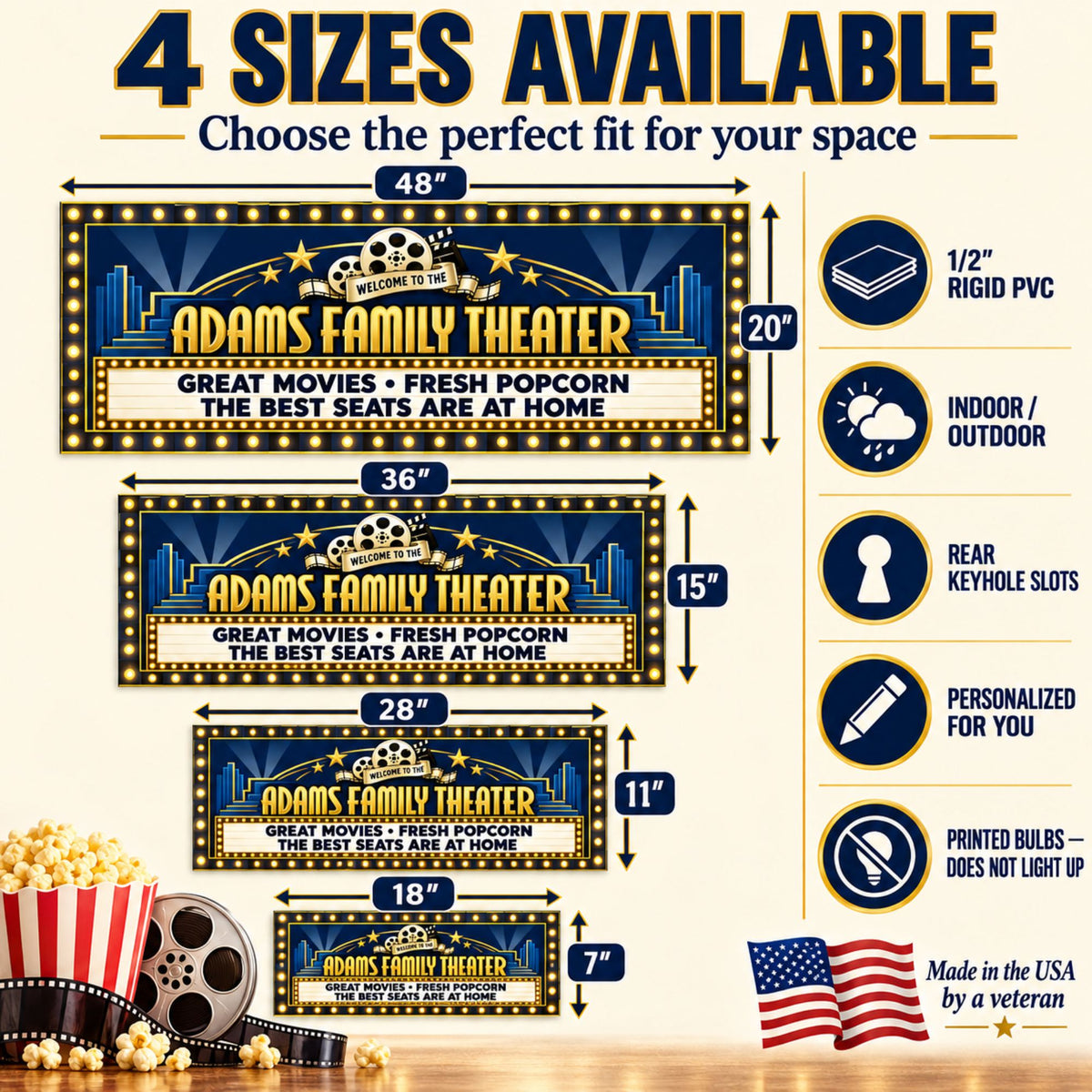 Theater sign size guide showing 18×7, 28×11, 36×15 and 48×20 inches, half-inch PVC and rear keyhole mounting.
