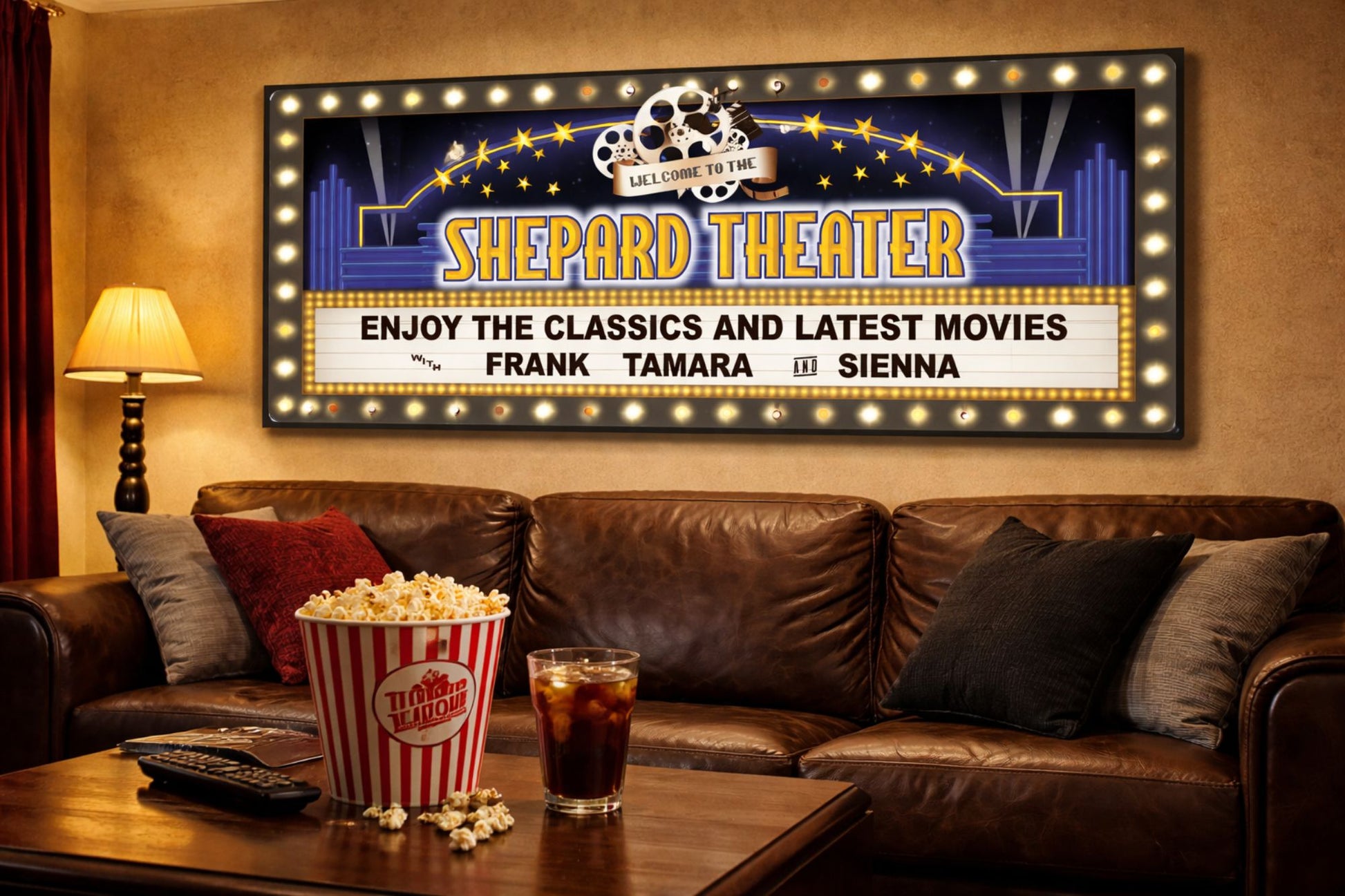 personalized home theater marquee sign hanging above sofa with popcorn and drinks in cozy movie room