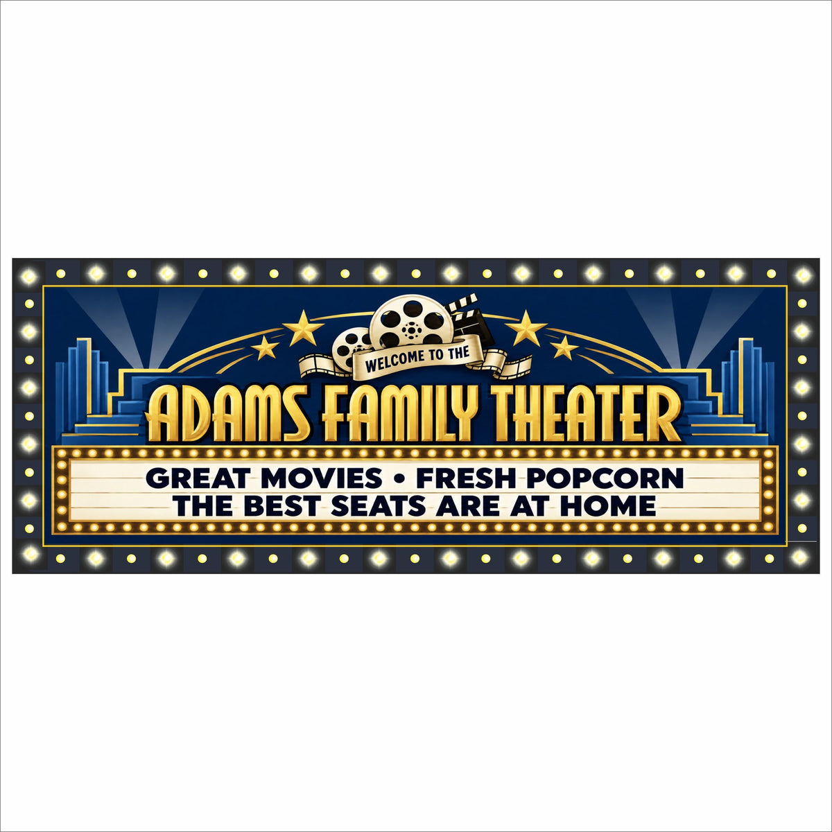 Custom navy and gold home theater sign with personalized Art Deco lettering, film reels, stars and two editable marquee lines.