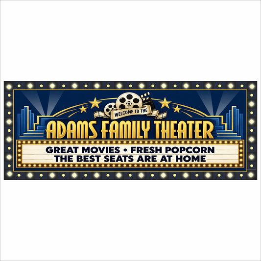 Custom navy and gold home theater sign with personalized Art Deco lettering, film reels, stars and two editable marquee lines.