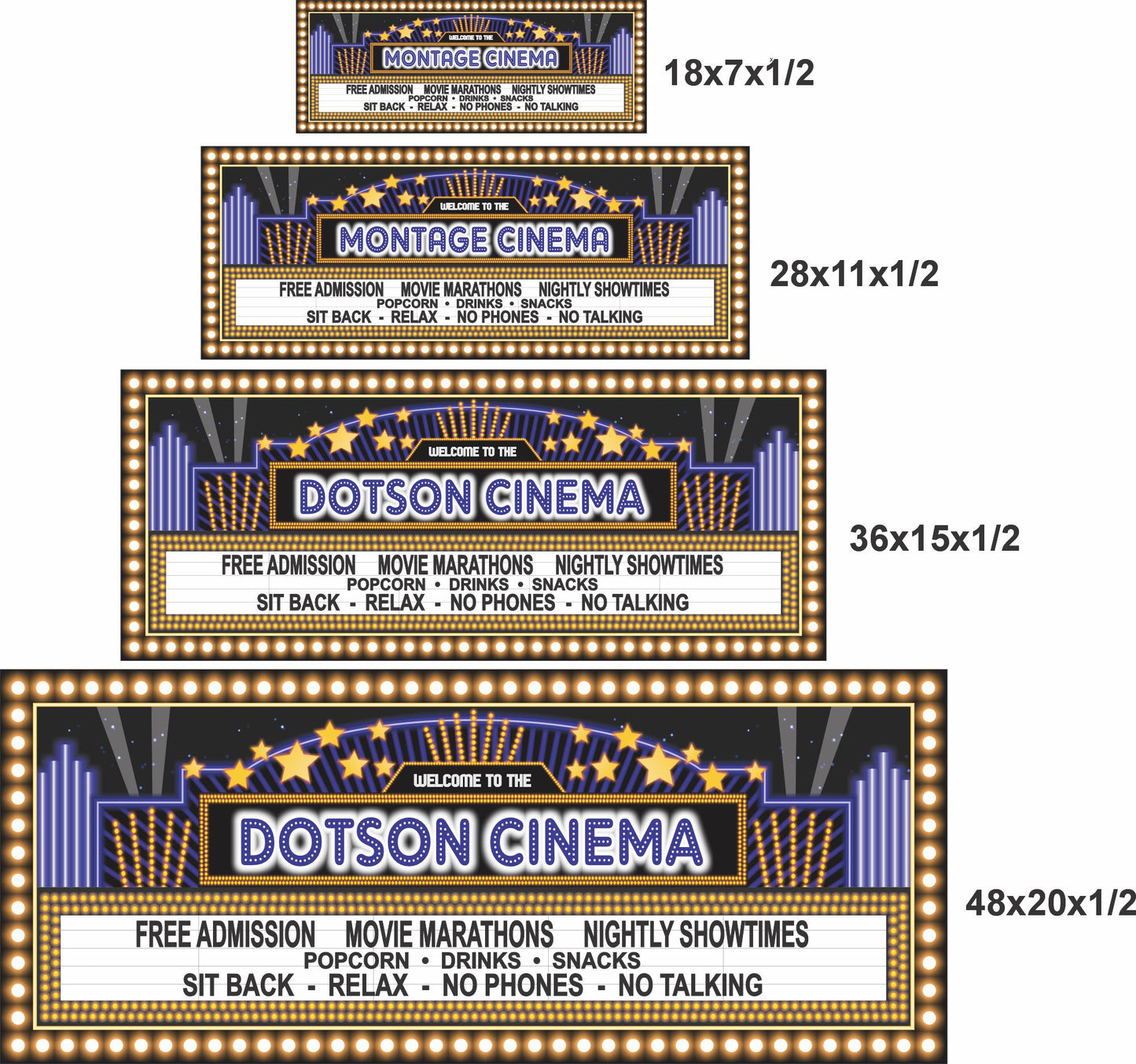 home theater marquee wall sign shown in 4 sizes for scale comparison