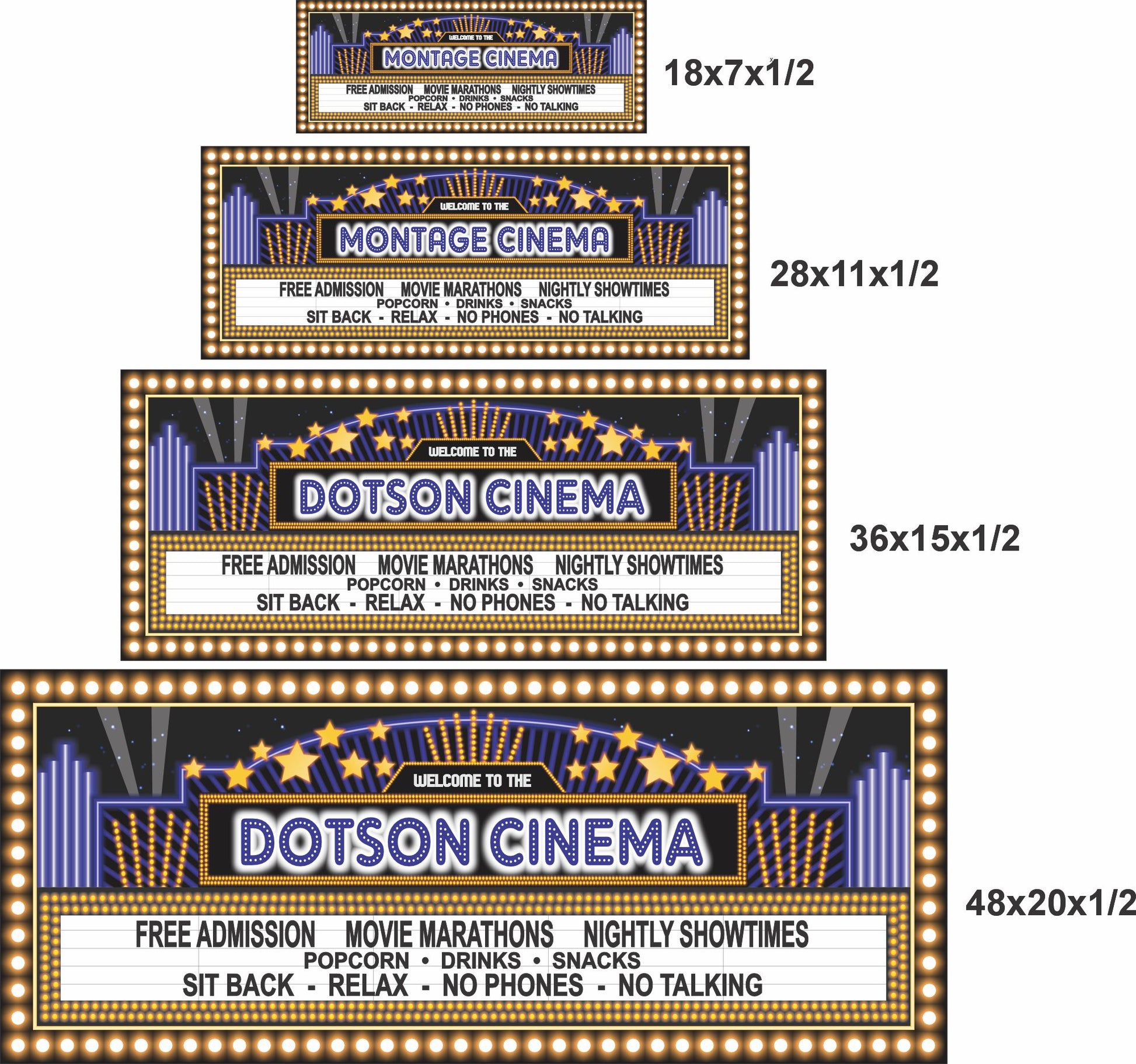 home theater marquee wall sign shown in 4 sizes for scale comparison