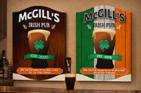 two personalized irish pub signs hanging above a home bar, one with dark wood background and one with irish flag design, each featuring pint glass and shamrock
