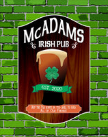 Personalized Irish Pub Sign with Guinness pint and shamrock icon, customizable background options