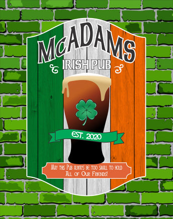 Personalized Irish Pub Sign with Guinness pint and shamrock icon, customizable background options