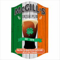 personalized irish pub sign with pint glass and shamrock featuring an irish flag printed background on pvc sign