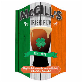 personalized irish pub sign with pint glass and shamrock featuring an irish flag printed background on pvc sign
