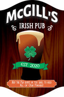 personalized irish pub sign with pint glass and shamrock featuring a dark wood-style printed background on pvc sign
