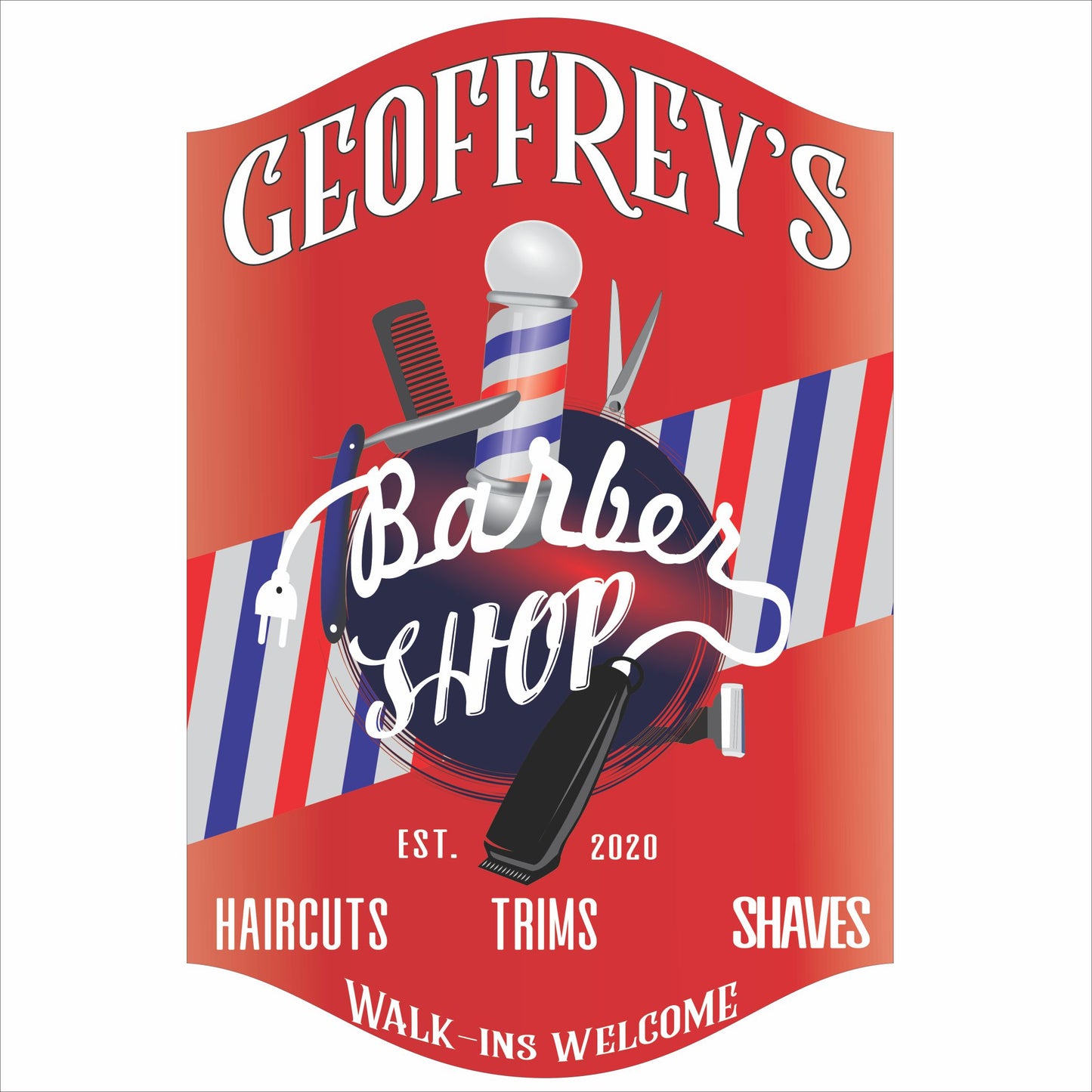 personalized barber shop sign with barber pole scissors clippers and custom name