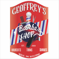 personalized barber shop sign with barber pole scissors clippers and custom name