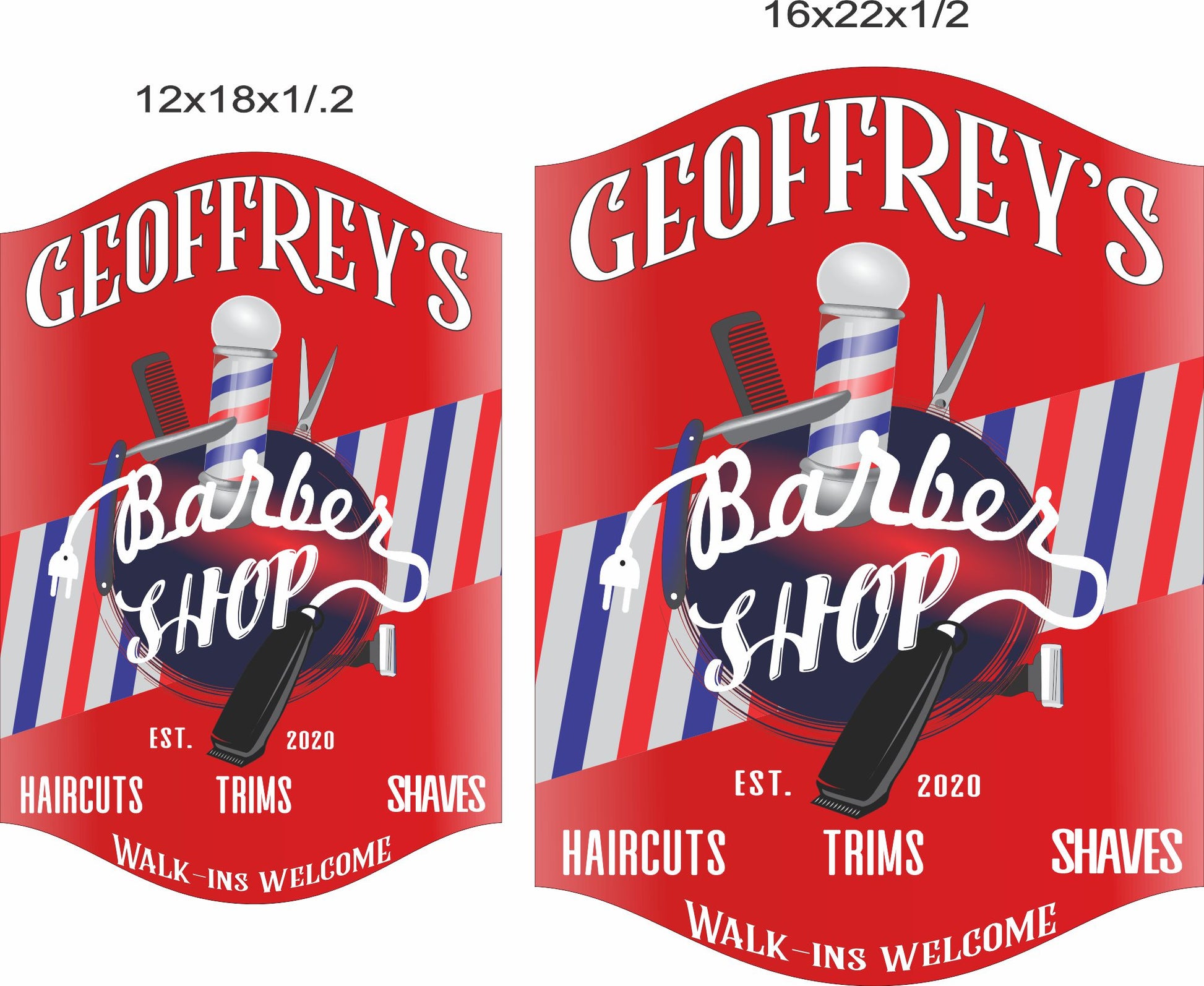 barber shop wall sign shown in two sizes for scale comparison